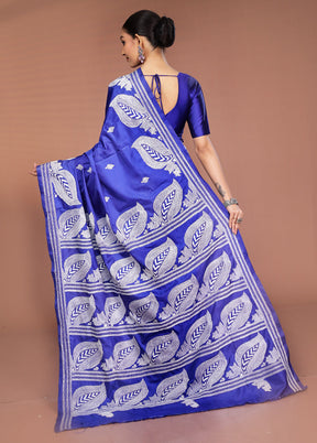 Blue Kantha Stitch Silk Saree With Blouse Piece
