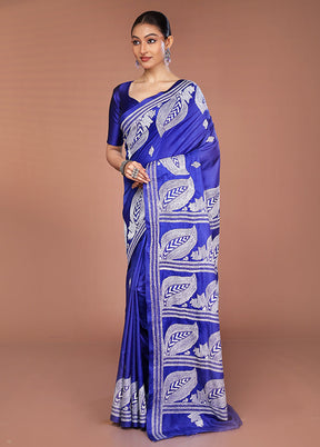Blue Kantha Stitch Silk Saree With Blouse Piece