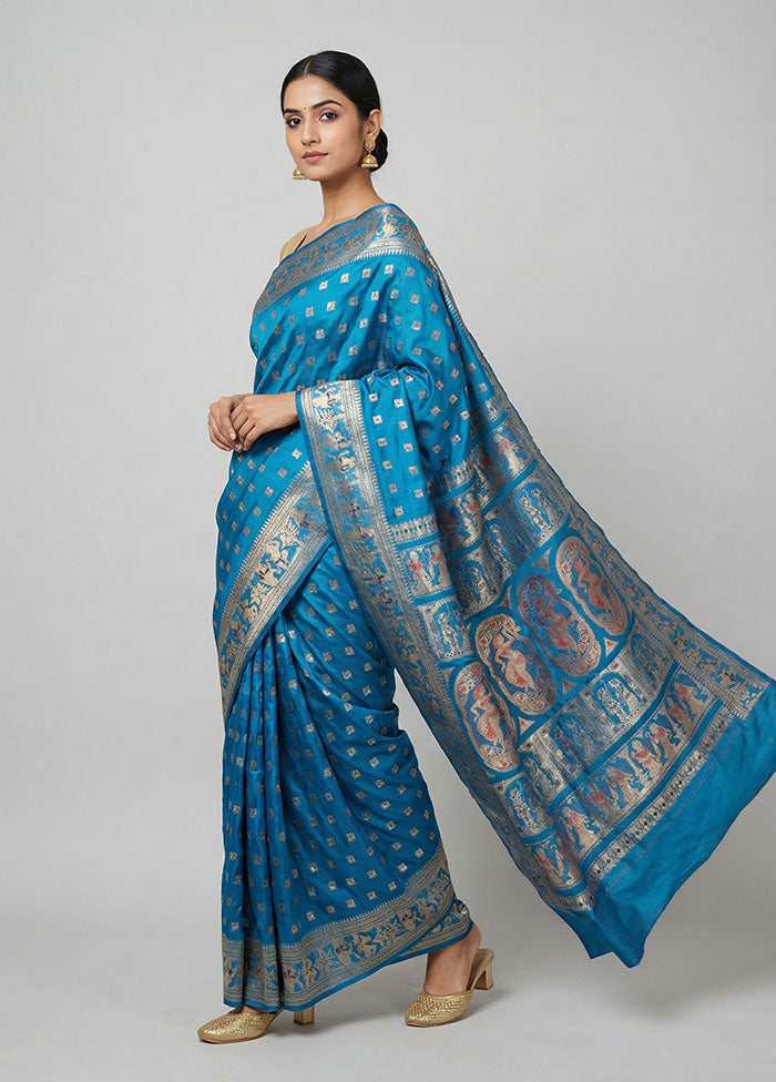 Blue Handloom Baluchari Pure Silk Saree With Blouse Piece