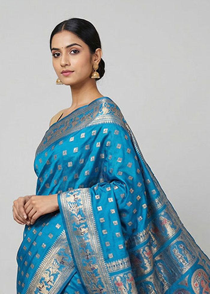 Blue Handloom Baluchari Pure Silk Saree With Blouse Piece