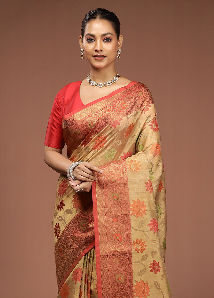 Cream Kora Silk Saree With Blouse Piece