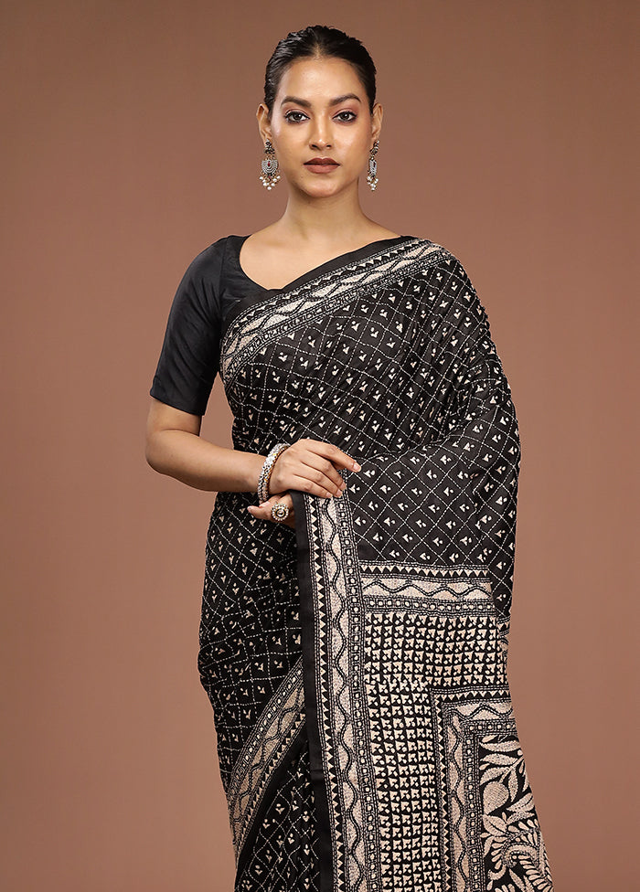Black Handloom Kantha Stitch Pure Silk Saree With Blouse Piece
