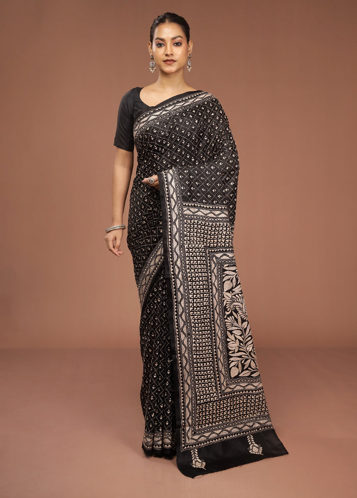 Black Handloom Kantha Stitch Pure Silk Saree With Blouse Piece