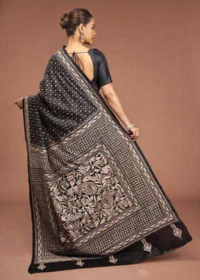 Black Handloom Kantha Stitch Pure Silk Saree With Blouse Piece