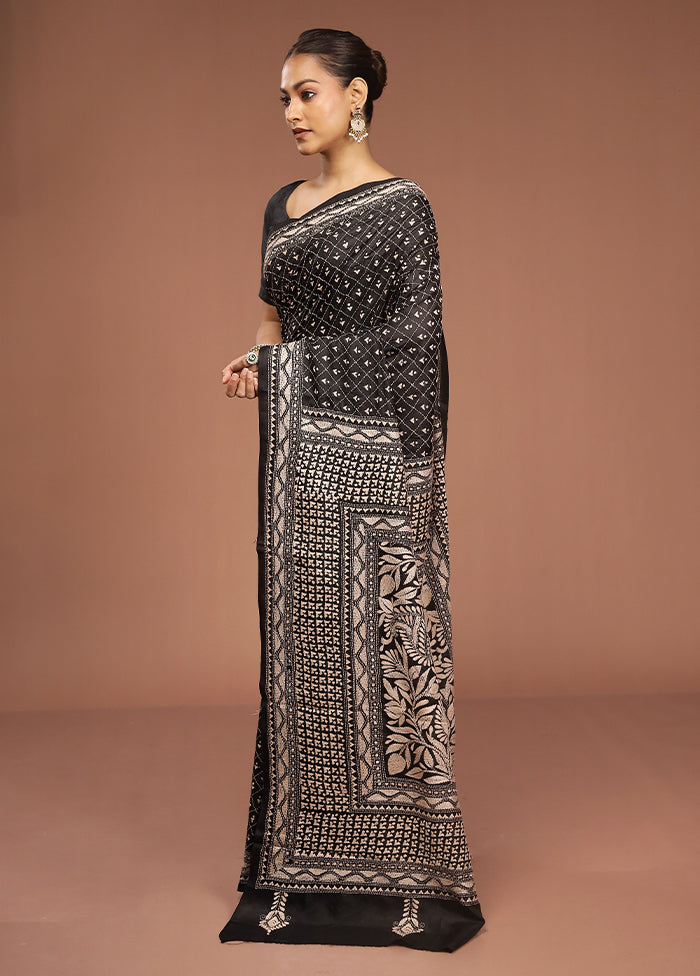 Black Handloom Kantha Stitch Pure Silk Saree With Blouse Piece