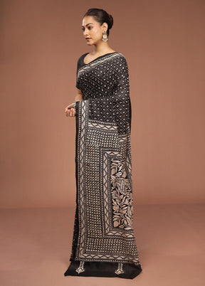 Black Handloom Kantha Stitch Pure Silk Saree With Blouse Piece