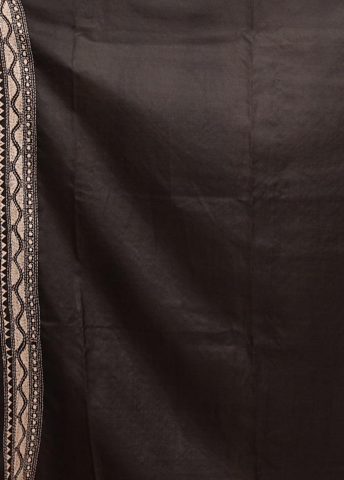 Black Handloom Kantha Stitch Pure Silk Saree With Blouse Piece