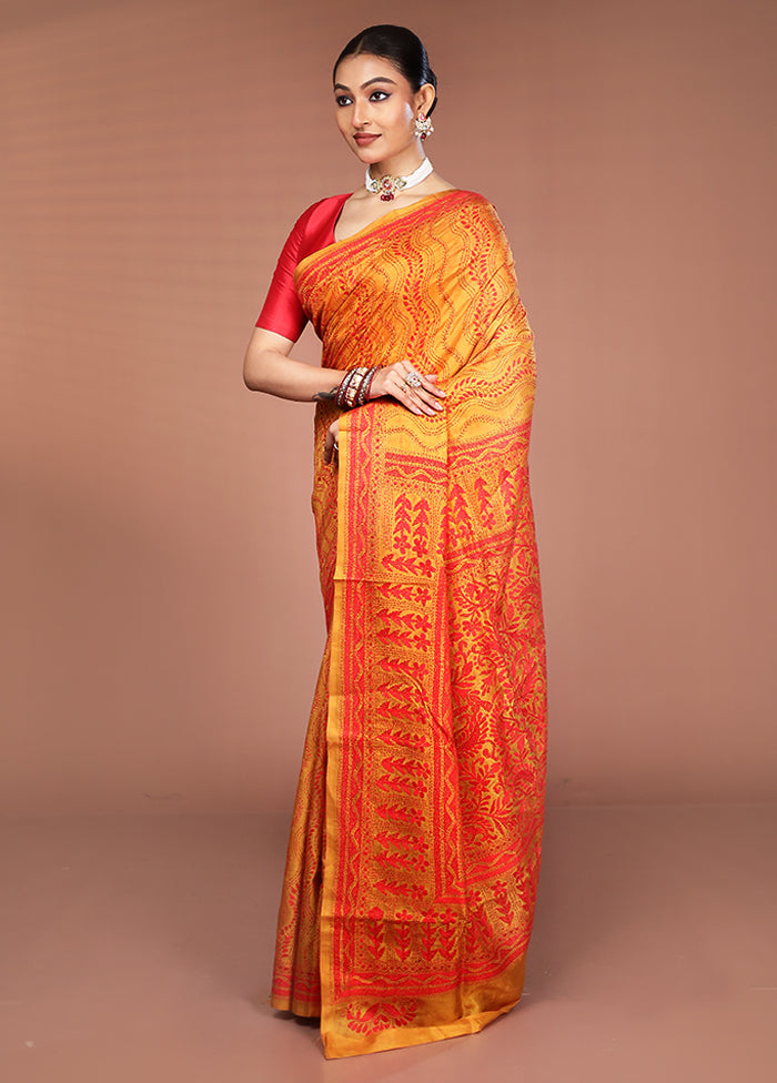 Yellow Handloom Kantha Stitch Pure Silk Saree With Blouse Piece