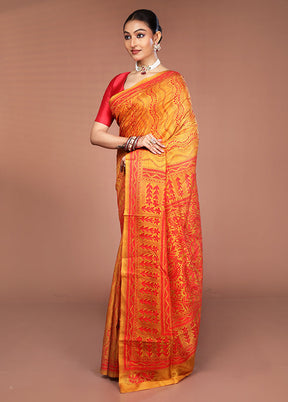 Yellow Handloom Kantha Stitch Pure Silk Saree With Blouse Piece