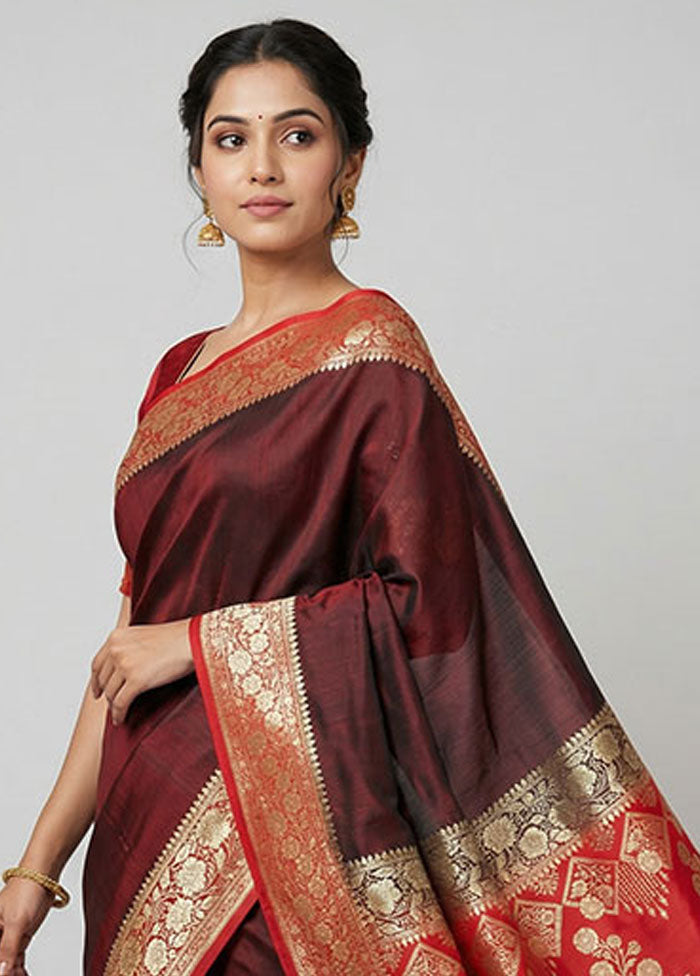 Maroon Banarasi Silk Saree With Blouse Piece