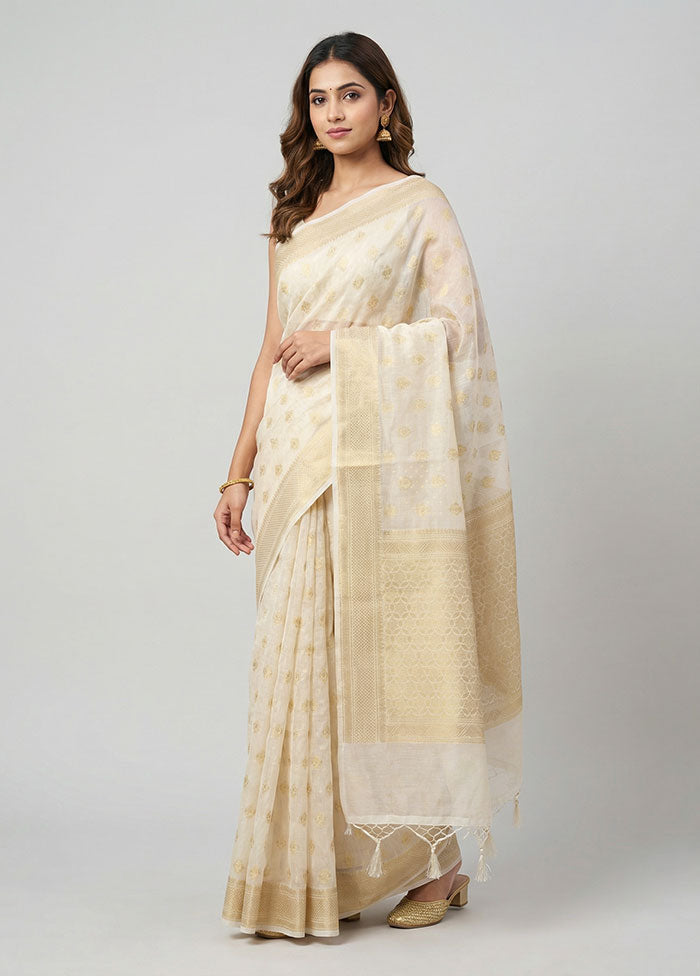 Cream Kora Silk Saree With Blouse Piece
