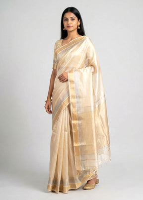 Cream Handloom Tussar Pure Silk Saree With Blouse Piece