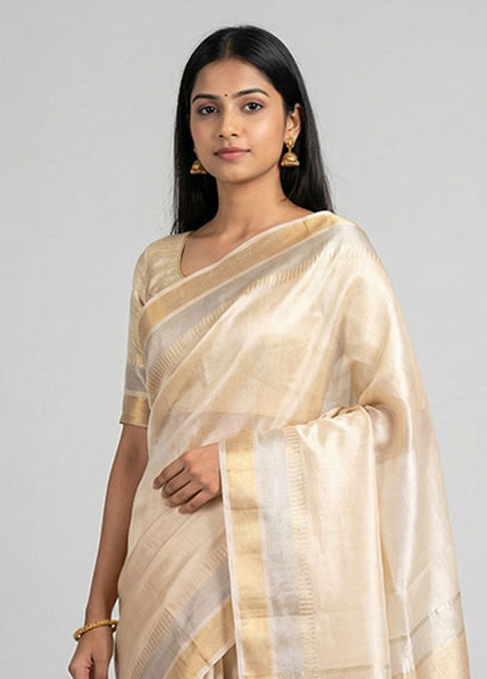 Cream Handloom Tussar Pure Silk Saree With Blouse Piece
