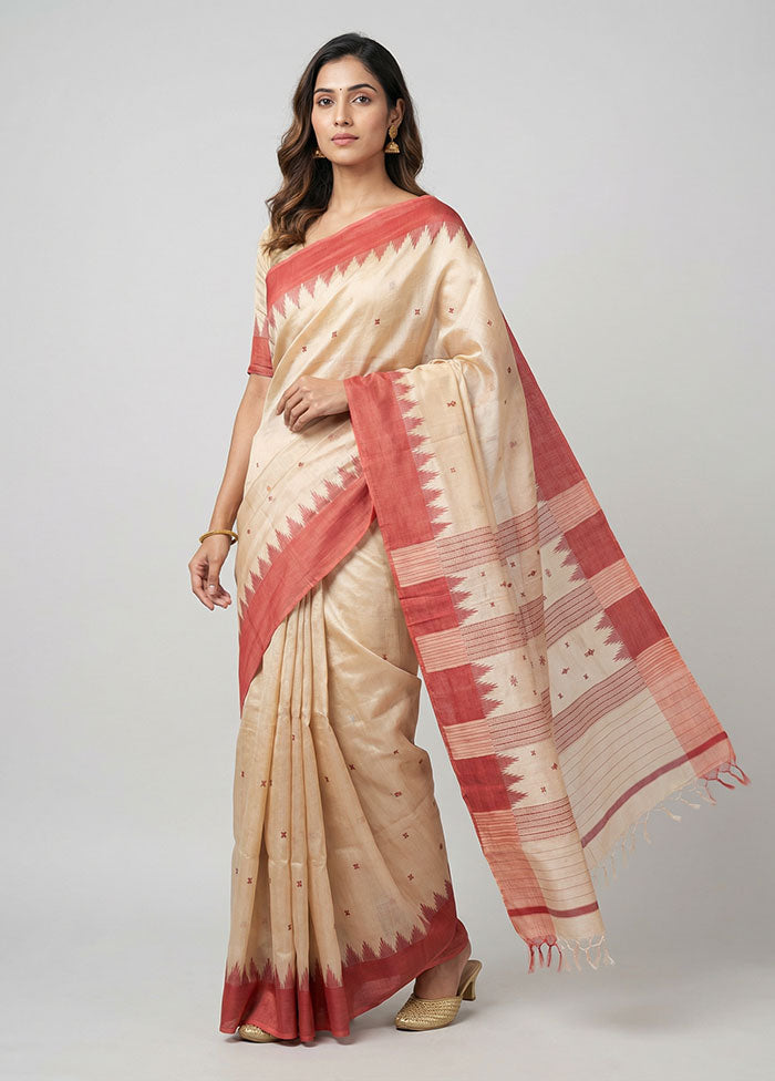 Cream Handloom Tussar Pure Silk Saree With Blouse Piece