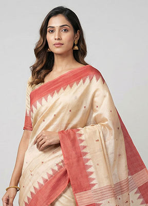 Cream Handloom Tussar Pure Silk Saree With Blouse Piece