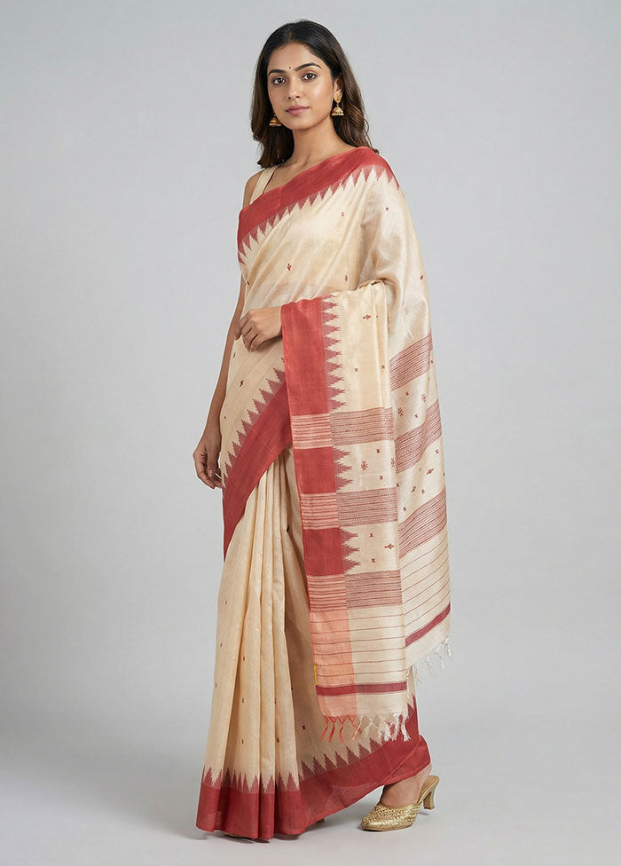 Cream Handloom Tussar Pure Silk Saree With Blouse Piece