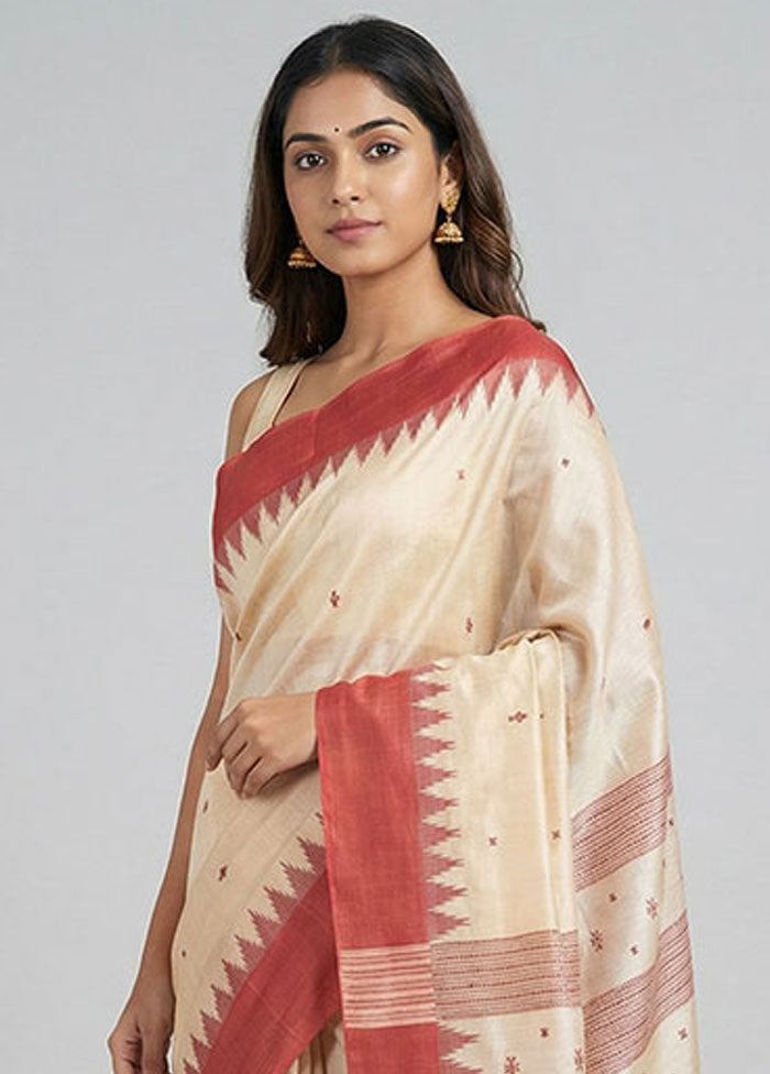 Cream Handloom Tussar Pure Silk Saree With Blouse Piece