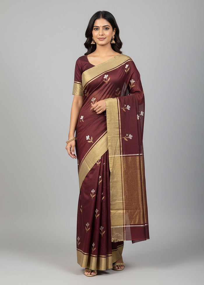 Maroon Handloom Chanderi Pure Silk Saree With Blouse Piece