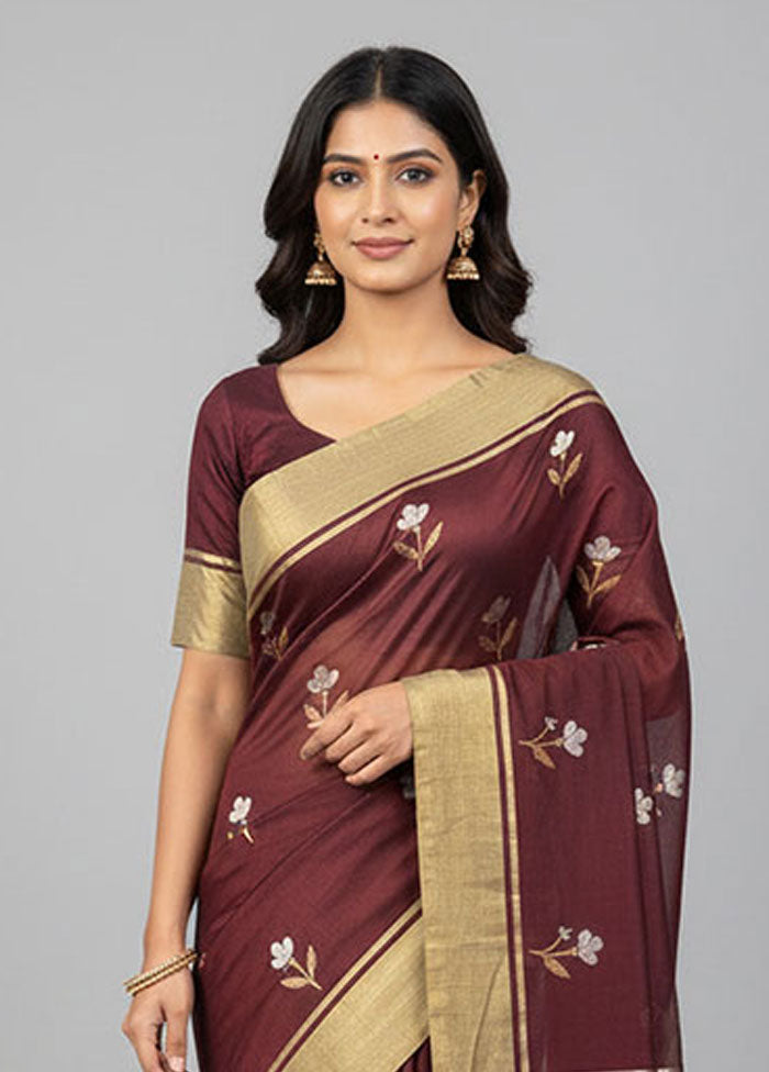 Maroon Handloom Chanderi Pure Silk Saree With Blouse Piece