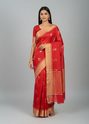 Red Handloom Chanderi Pure Silk Saree With Blouse Piece