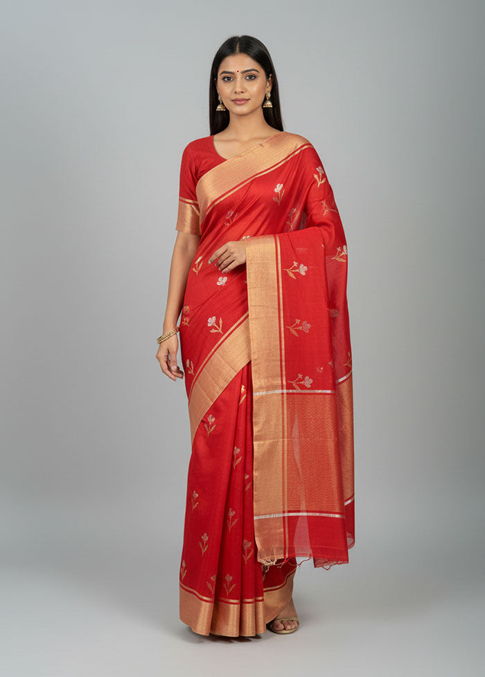 Red Handloom Chanderi Pure Silk Saree With Blouse Piece