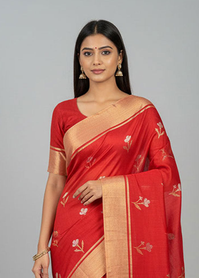 Red Handloom Chanderi Pure Silk Saree With Blouse Piece