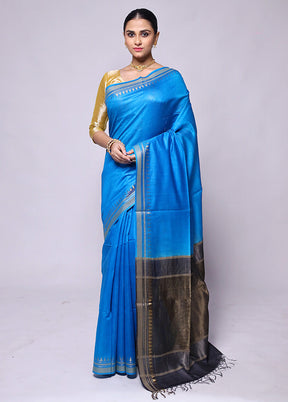 Blue Handloom Tussar Pure Silk Saree With Blouse Piece