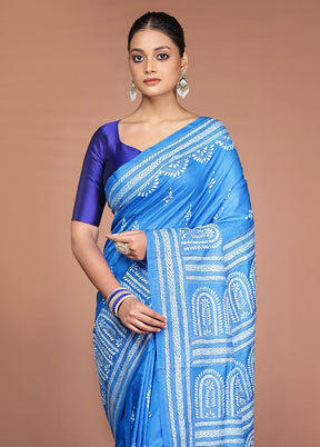 Blue Handloom Kantha Stitch Pure Silk Saree With Blouse Piece