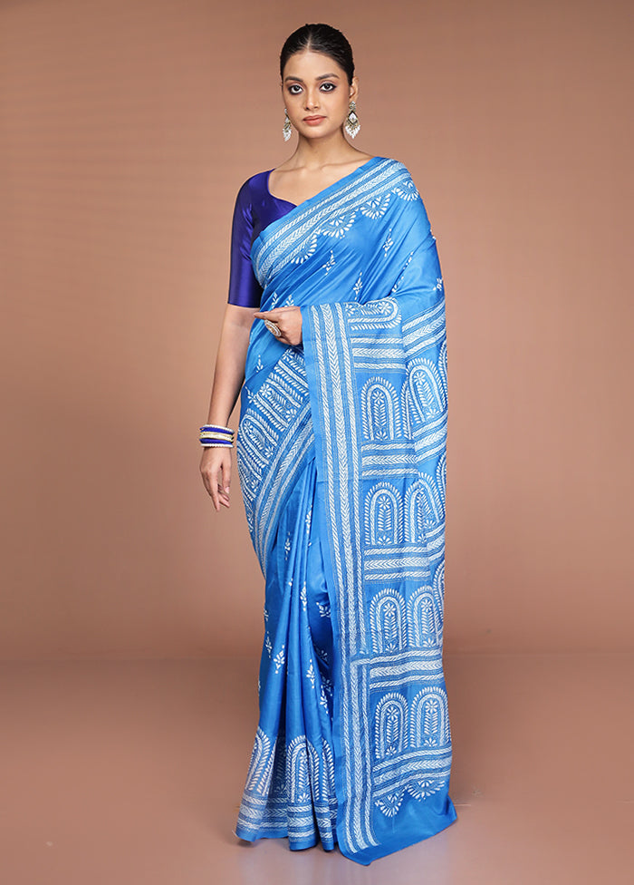 Blue Handloom Kantha Stitch Pure Silk Saree With Blouse Piece