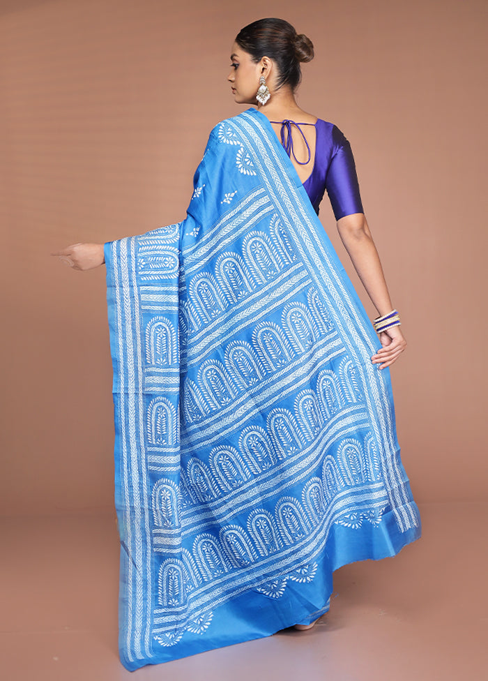 Blue Handloom Kantha Stitch Pure Silk Saree With Blouse Piece