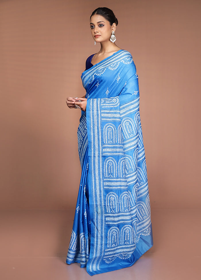 Blue Handloom Kantha Stitch Pure Silk Saree With Blouse Piece