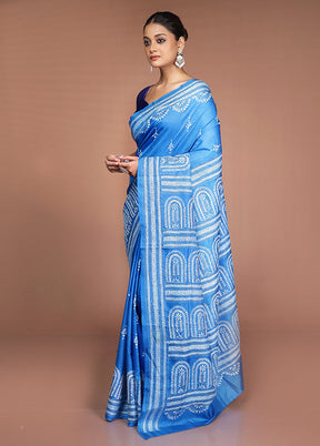 Blue Handloom Kantha Stitch Pure Silk Saree With Blouse Piece