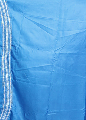 Blue Handloom Kantha Stitch Pure Silk Saree With Blouse Piece
