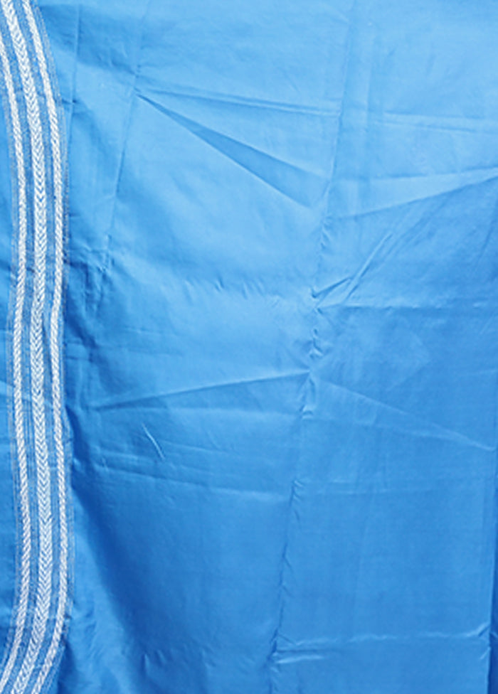 Blue Handloom Kantha Stitch Pure Silk Saree With Blouse Piece