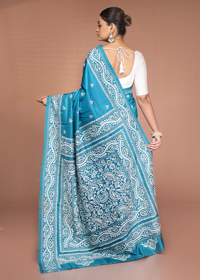 Green Handloom Kantha Stitch Pure Silk Saree With Blouse Piece