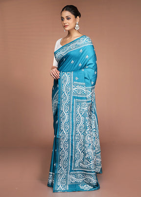Green Handloom Kantha Stitch Pure Silk Saree With Blouse Piece