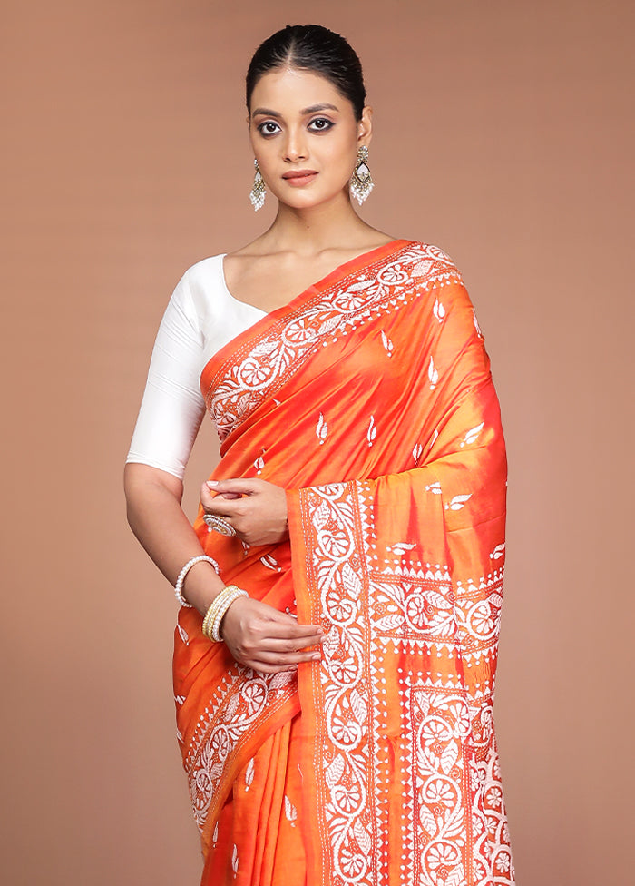 Rust Handloom Kantha Stitch Pure Silk Saree With Blouse Piece