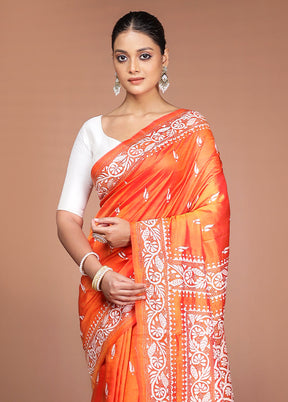 Rust Handloom Kantha Stitch Pure Silk Saree With Blouse Piece