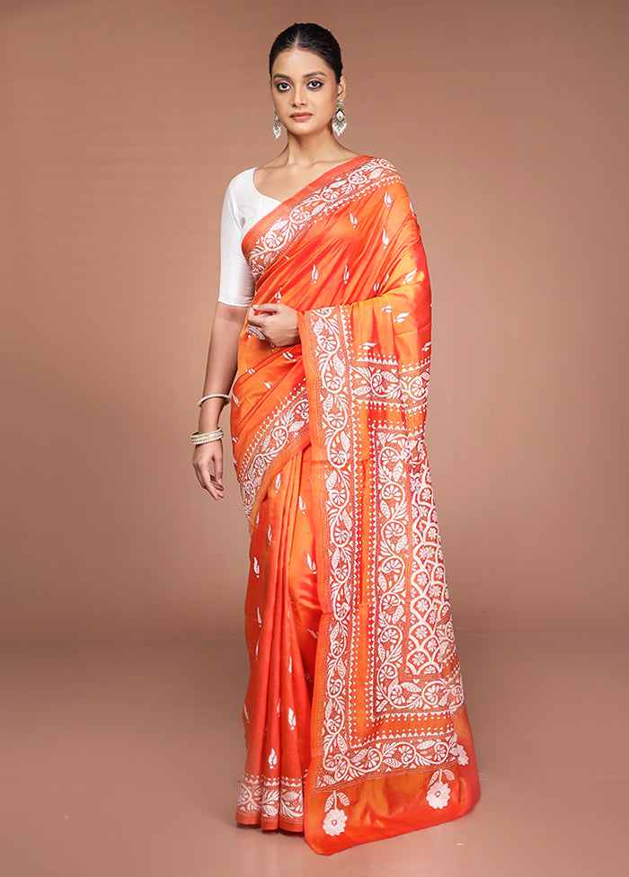 Rust Handloom Kantha Stitch Pure Silk Saree With Blouse Piece