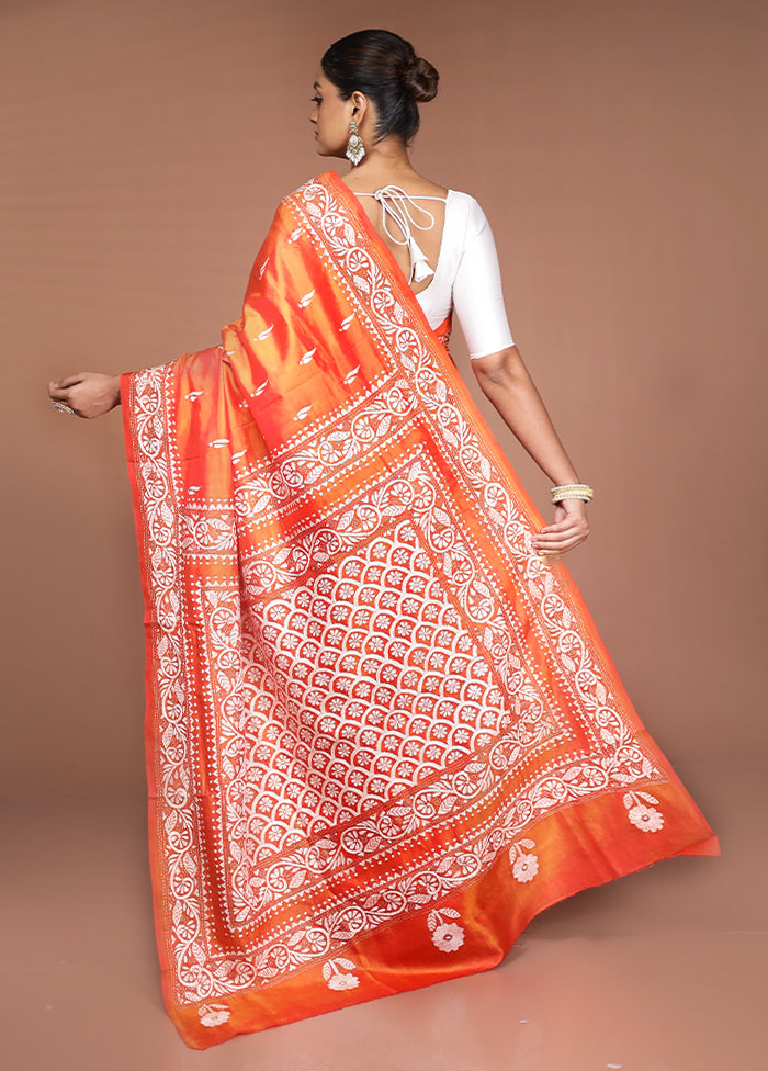 Rust Handloom Kantha Stitch Pure Silk Saree With Blouse Piece