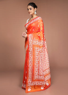 Rust Handloom Kantha Stitch Pure Silk Saree With Blouse Piece