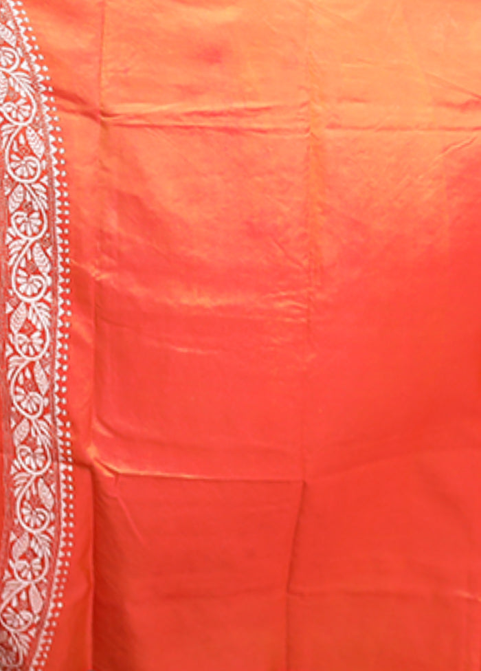 Rust Handloom Kantha Stitch Pure Silk Saree With Blouse Piece