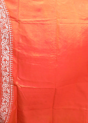 Rust Handloom Kantha Stitch Pure Silk Saree With Blouse Piece