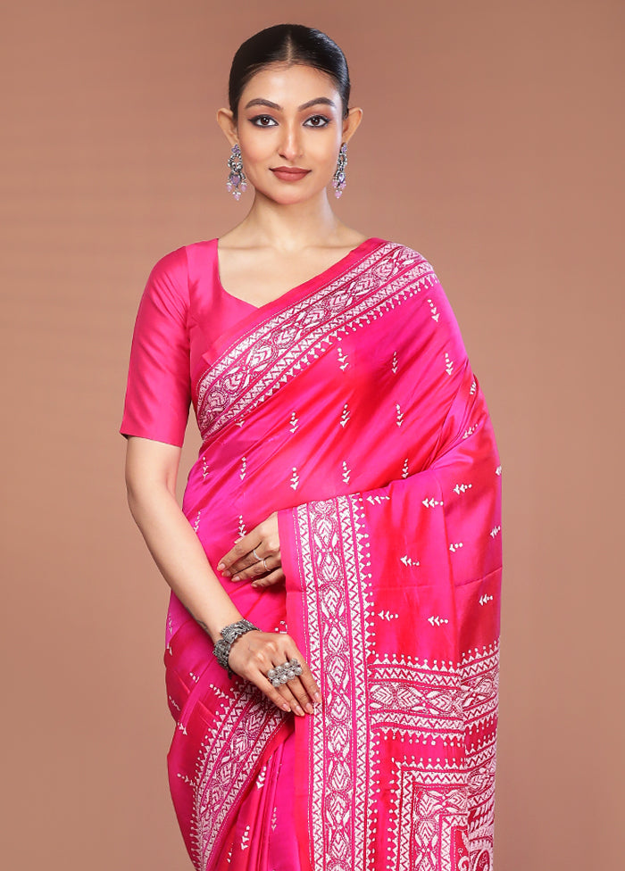 Pink Handloom Kantha Stitch Pure Silk Saree With Blouse Piece