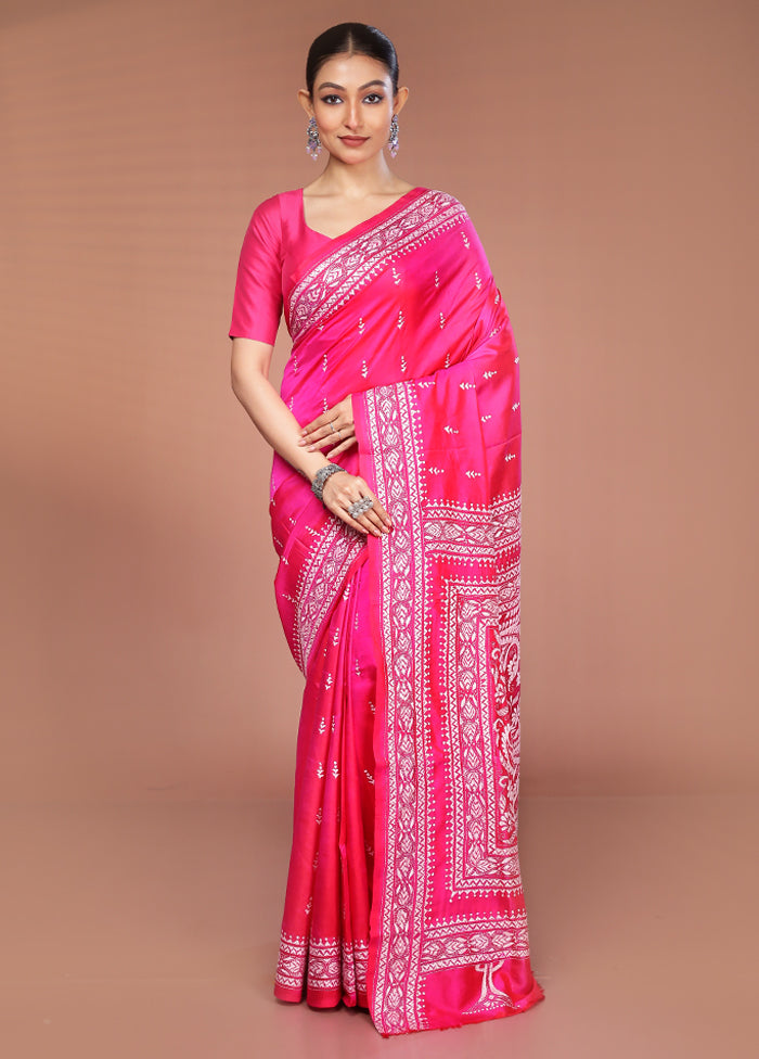 Pink Handloom Kantha Stitch Pure Silk Saree With Blouse Piece