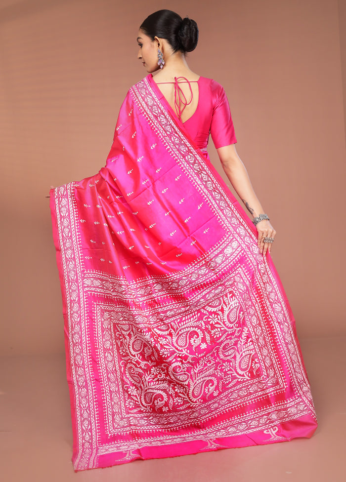 Pink Handloom Kantha Stitch Pure Silk Saree With Blouse Piece