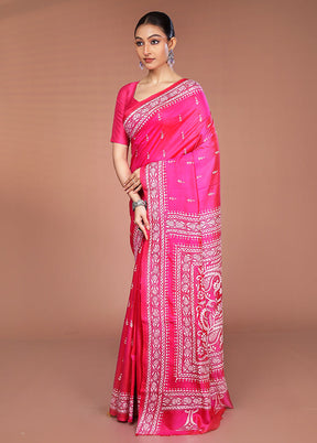 Pink Handloom Kantha Stitch Pure Silk Saree With Blouse Piece