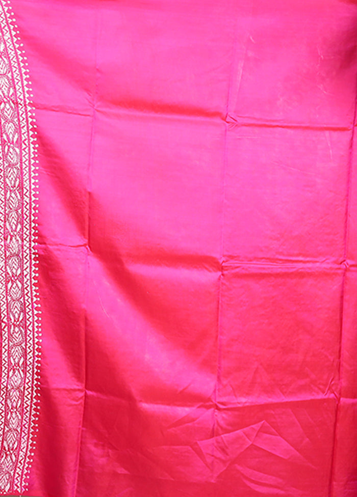 Pink Handloom Kantha Stitch Pure Silk Saree With Blouse Piece