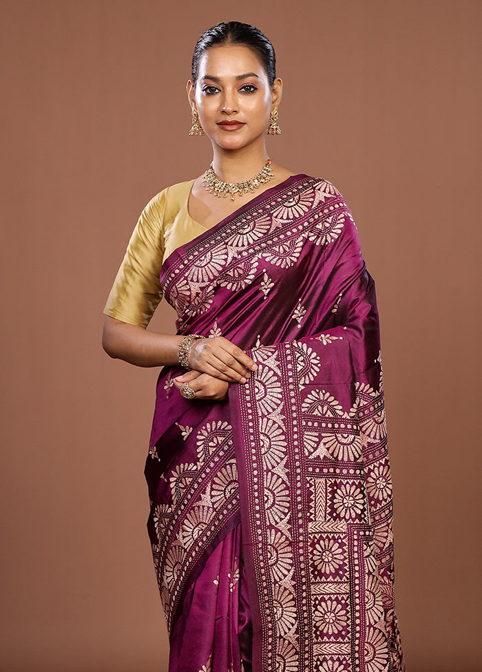 Purple Handloom Kantha Stitch Pure Silk Saree With Blouse Piece