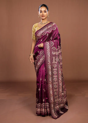 Purple Handloom Kantha Stitch Pure Silk Saree With Blouse Piece